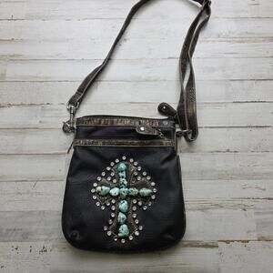 Western Faux Leather Crossbody Bag Turquoise Cross Rhinestone Cowgirl Purse